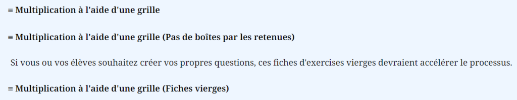 En-têtes de sous-section pour les fiches d'exercices de Multiplication posée à l'aide d'une grille sur MathsLibres.com