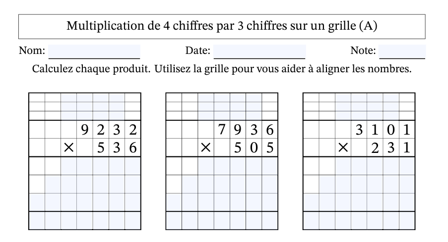 Nouvelle fiche d'exercice de multiplication posée a l'aide d'une grille