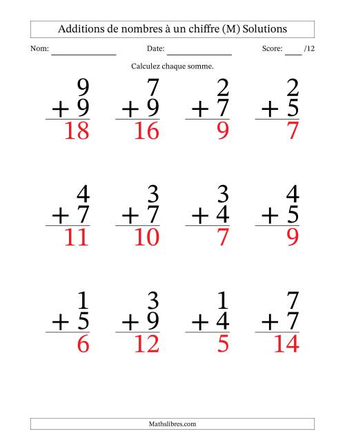 12 questions d'addition de nombres à un chiffre quelques unes avec retenue. (M) page 2