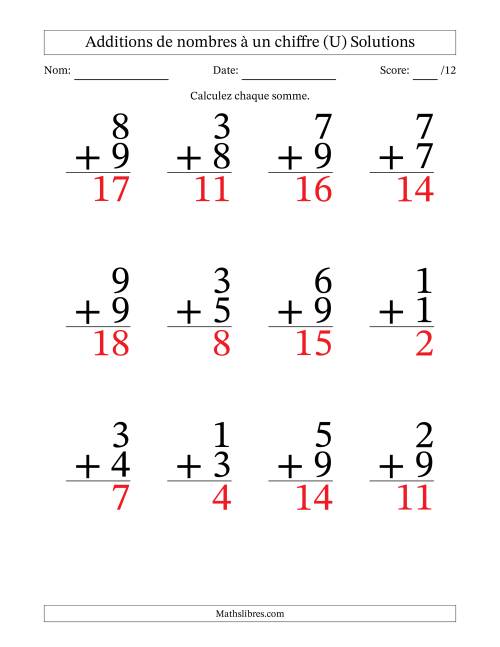 12 questions d'addition de nombres à un chiffre quelques unes avec retenue. (U) page 2