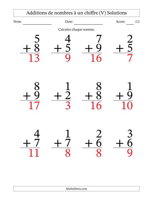 12 questions d'addition de nombres à un chiffre quelques unes avec retenue. (V) page 2