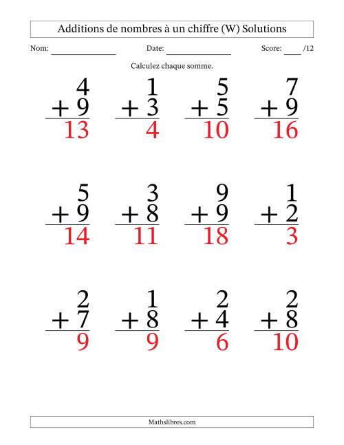 12 questions d'addition de nombres à un chiffre quelques unes avec retenue. (W) page 2