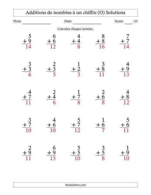 25 questions d'addition de nombres à un chiffre quelques unes avec retenue. (O) page 2
