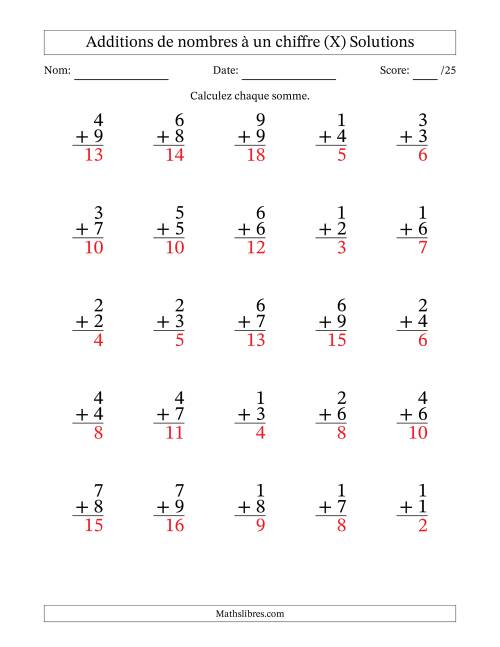 25 questions d'addition de nombres à un chiffre quelques unes avec retenue. (X) page 2