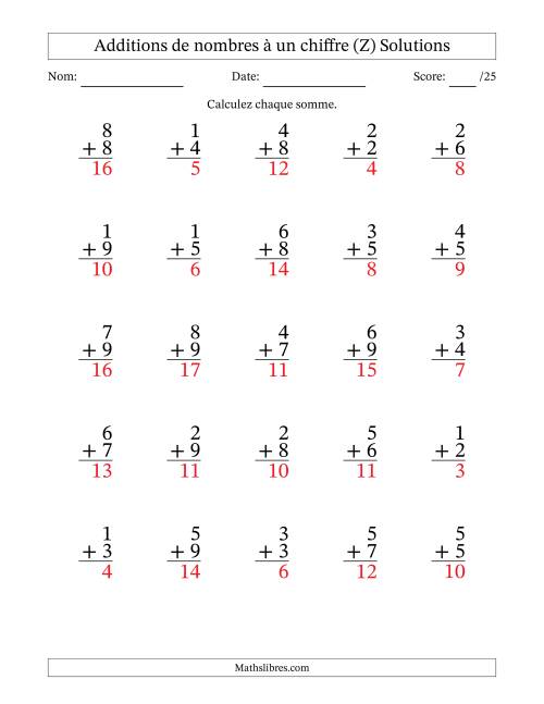 25 questions d'addition de nombres à un chiffre quelques unes avec retenue. (Z) page 2