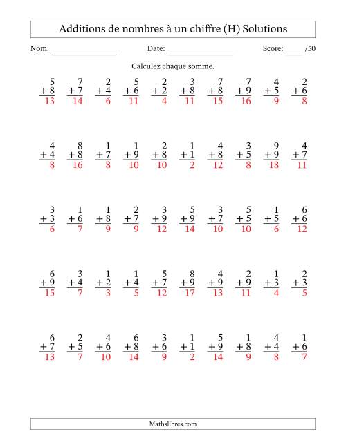 50 questions d'addition de nombres à un chiffre quelques unes avec retenue. (H) page 2