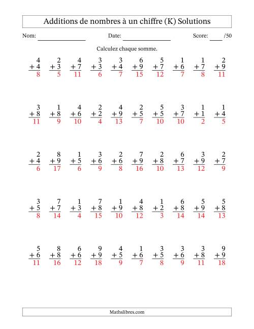 50 questions d'addition de nombres à un chiffre quelques unes avec retenue. (K) page 2