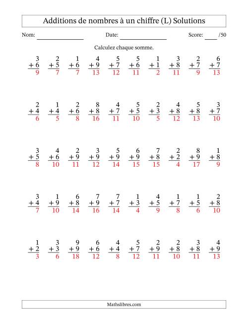 50 questions d'addition de nombres à un chiffre quelques unes avec retenue. (L) page 2