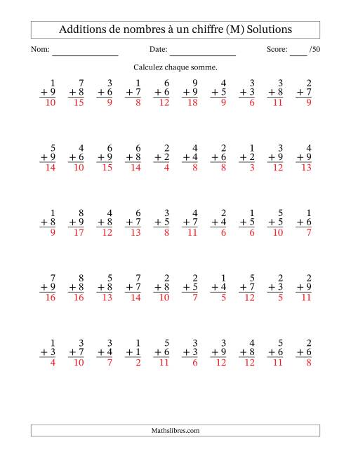 50 questions d'addition de nombres à un chiffre quelques unes avec retenue. (M) page 2