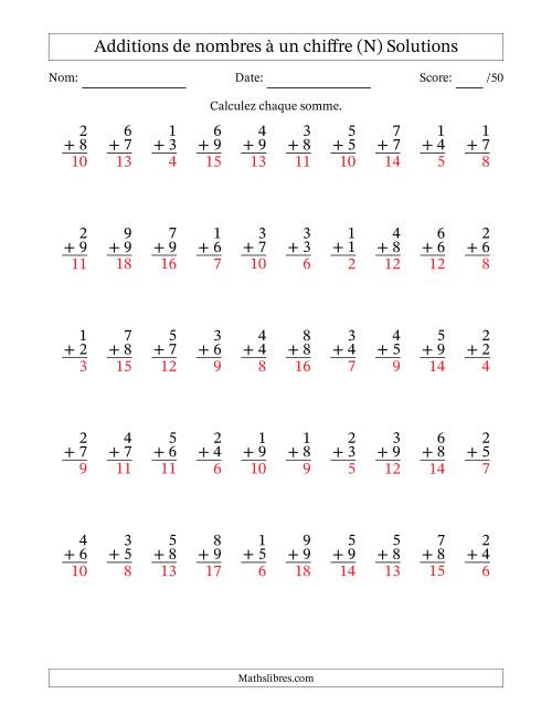 50 questions d'addition de nombres à un chiffre quelques unes avec retenue. (N) page 2