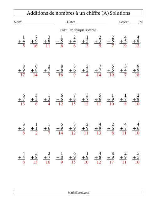 50 questions d'addition de nombres à un chiffre quelques unes avec retenue. (Tout) page 2