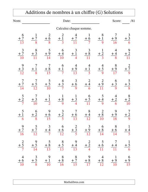 81 questions d'addition de nombres à un chiffre quelques unes avec retenue. (G) page 2