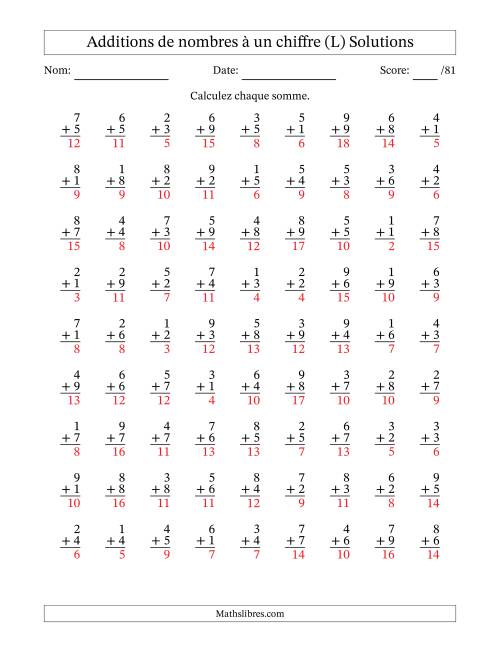 81 questions d'addition de nombres à un chiffre quelques unes avec retenue. (L) page 2