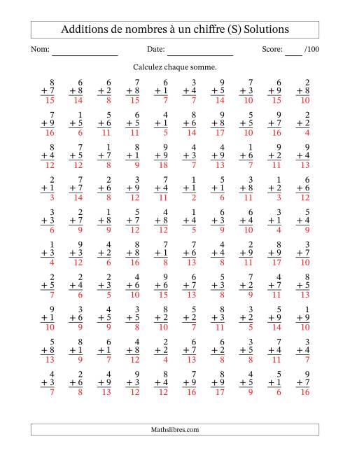 100 questions d'addition de nombres à un chiffre quelques unes avec retenue. (S) page 2