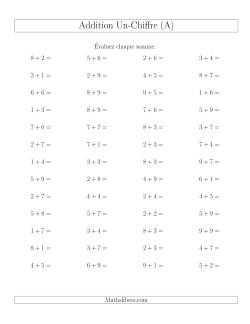 Addition de nombres à un chiffre, quelques unes avec retenue -- 52 par page