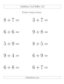 Addition de nombres à un chiffre avec retenue -- 12 par page