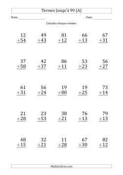Gros Caractère - Addition d'un Nombre à 2 Chiffres avec des Termes Jusqu'à 99 (25 Questions)