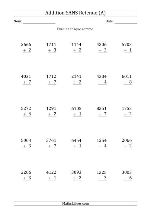 Addition d'un Nombre à 4 Chiffres par un Nombre à 1 Chiffre SANS retenue (Tout)