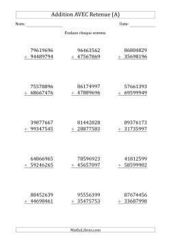 Addition d'un Nombre à 8 Chiffres par un Nombre à 8 Chiffres AVEC retenue