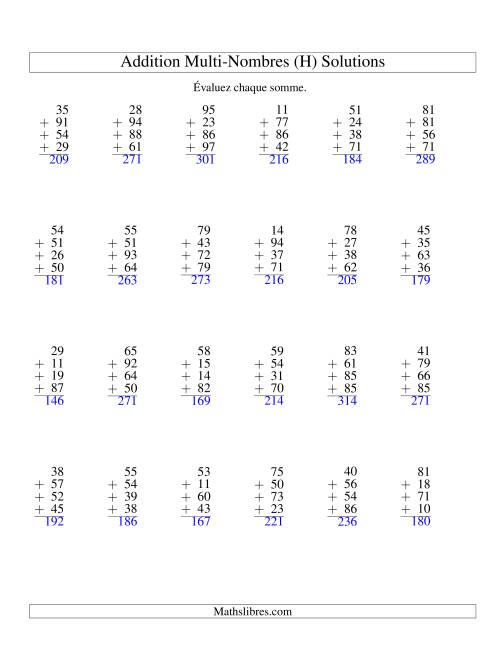 Addition de quatre nombres à deux chiffres (H) page 2