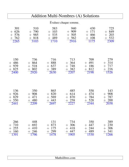 Addition de quatre nombres à trois chiffres (A) page 2