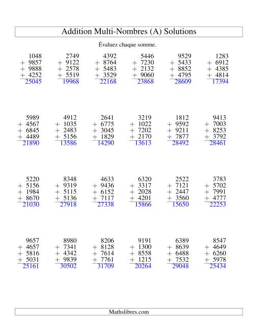 Addition de quatre nombres à quatre chiffres (A) page 2