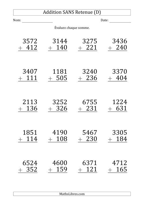 Addition d'un Nombre à 4 Chiffres par un Nombre à 3 Chiffres SANS retenue (Gros Caractère) (D)