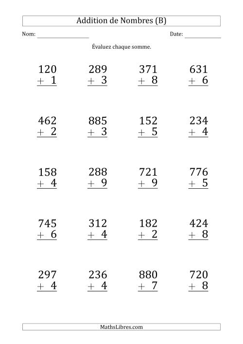 Addition d'un Nombre à 3 Chiffres par un Nombre à 1 Chiffre (Gros Caractère) (B)