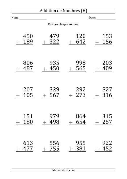 Addition d'un Nombre à 3 Chiffres par un Nombre à 3 Chiffres (Gros Caractère) (H)