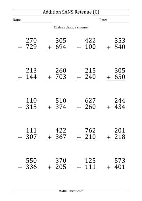 Addition d'un Nombre à 3 Chiffres par un Nombre à 3 Chiffres SANS retenue (Gros Caractère) (C)