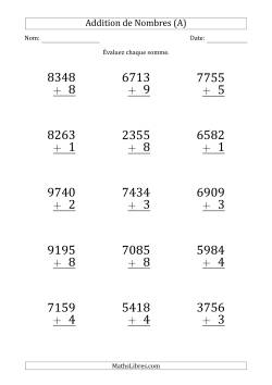 Addition d'un Nombre à 4 Chiffres par un Nombre à 1 Chiffre (Gros Caractère)