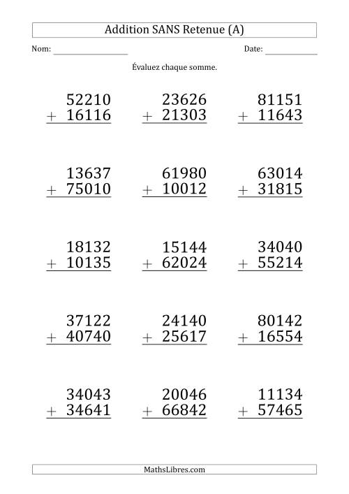 Addition d'un Nombre à 5 Chiffres par un Nombre à 5 Chiffres SANS retenue (Gros Caractère) (A)