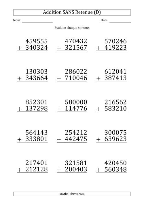 Addition d'un Nombre à 6 Chiffres par un Nombre à 6 Chiffres SANS retenue (Gros Caractère) (D)