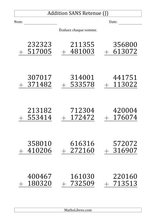 Addition d'un Nombre à 6 Chiffres par un Nombre à 6 Chiffres SANS retenue (Gros Caractère) (J)