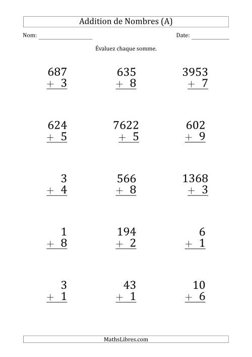 Addition de Divers Nombres par un Nombre à 1 Chiffre (Gros Caractère) (A)