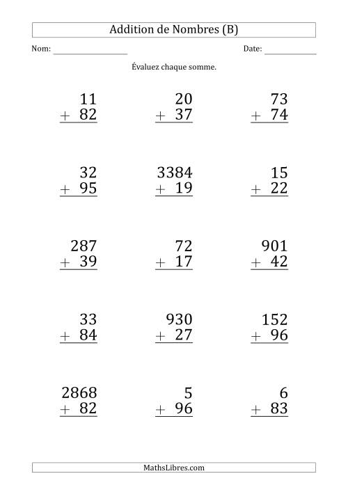 Addition de Divers Nombres par un Nombre à 2 Chiffres (Gros Caractère) (B)