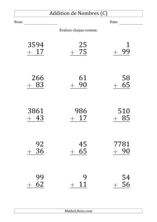 Addition de Divers Nombres par un Nombre à 2 Chiffres (Gros Caractère) (C)