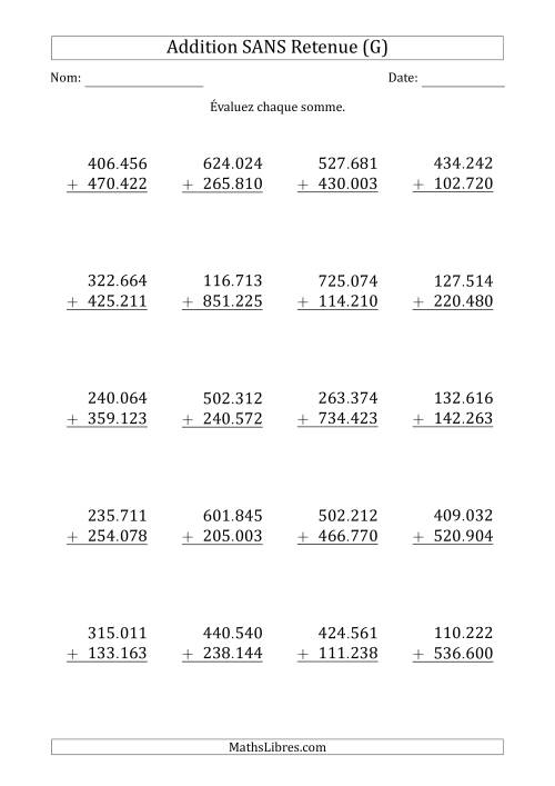 Addition des Nombres à 6 Chiffres SANS Retenue (un Point Comme Séparateur des Milliers) (G)