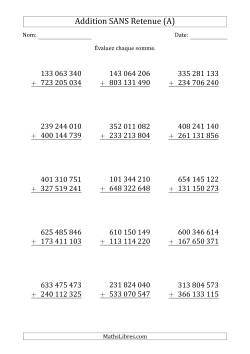 Addition des Nombres à 9 Chiffres SANS Retenue (Espace Comme Séparateur des Milliers)