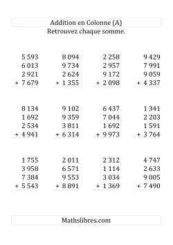 Addition de Cinq Nombres à Quatre Chiffres (Grand Format)