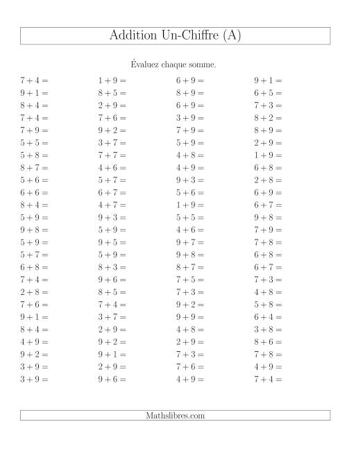 Addition de nombres à un chiffre avec retenue -- 100 par page (A)