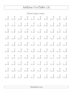 Addition de nombres à un chiffre avec retenue -- 100 par page