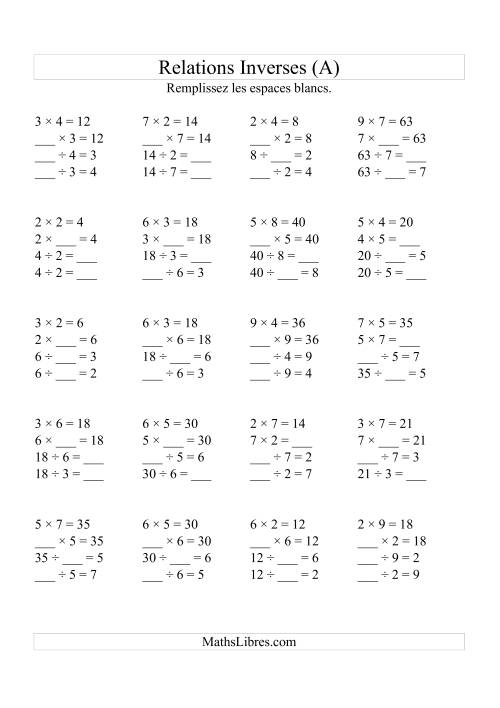 Relations Inverses -- Multiplication et Division (Toutes Opérations Inverses) -- Variation 2 à 9 (A)
