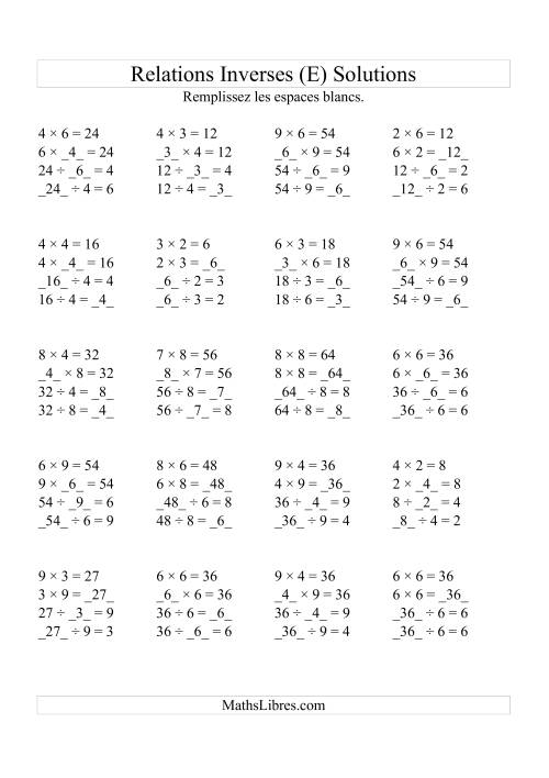 Relations Inverses -- Multiplication et Division (Toutes Opérations Inverses) -- Variation 2 à 9 (E) page 2