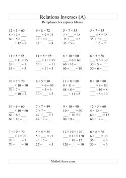 Relations Inverses -- Multiplication et Division (Toutes Opérations Inverses) -- Variation 5 à 12