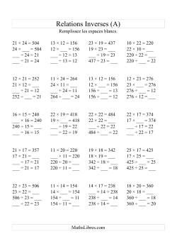 Relations Inverses -- Multiplication et Division (Toutes Opérations Inverses) -- Variation 10 à 25