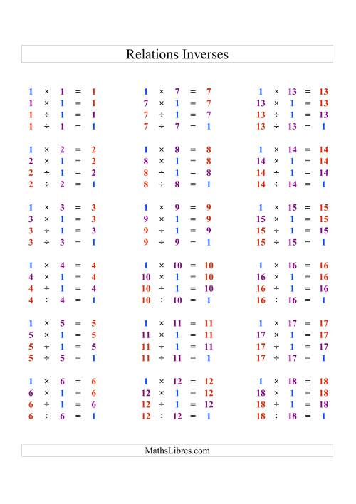 Relations Inverses -- Multiplication et Division -- Un Chiffre Vedette par Page (Ressource) -- 1 à 18 (Tout)
