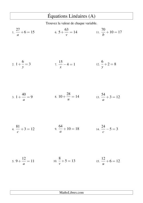 Résolution d'Équations Linéaires -- Forme a/x ± b = c (A)