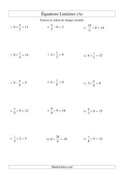 Résolution d'Équations Linéaires -- Forme x/a ± b = c