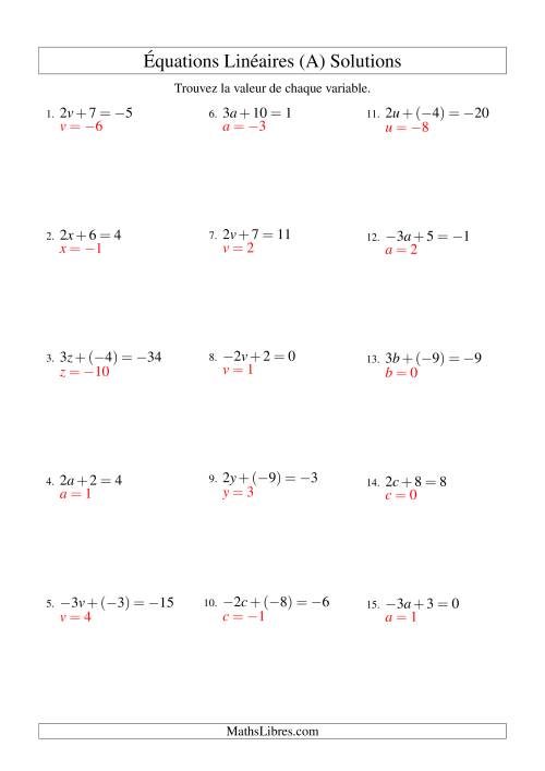 Résolution d'Équations Linéaires (Incluant Valeurs Négatives) -- Forme ax + b = c (A) page 2
